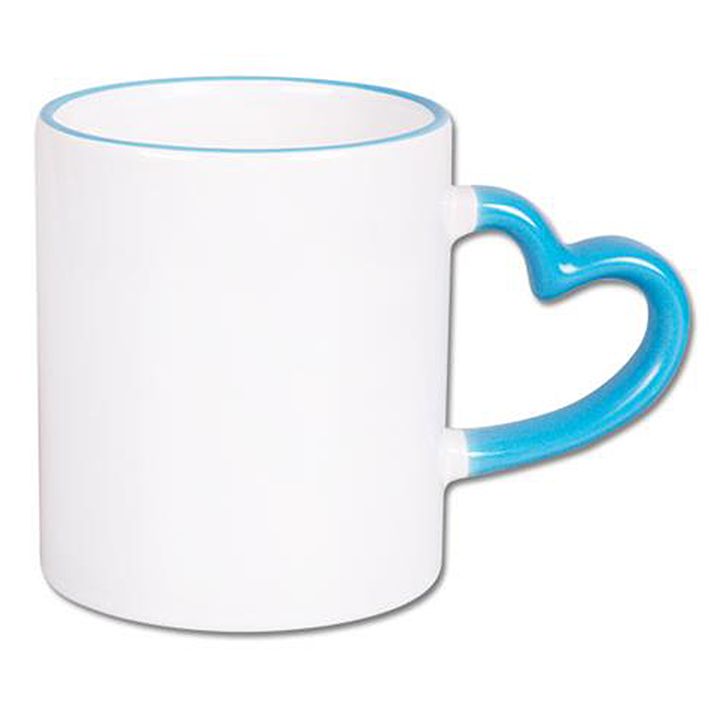 ספל להדפסת תמונה והקדשה אישית עם ידית בצורת לב ובצבע תכלת