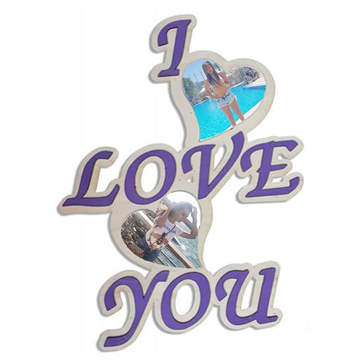 מסגרת עץ לתליה עם כיתוב I LOVE YOU להדפסת תמונה והקדשה אישית