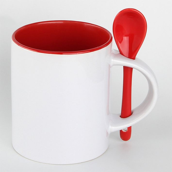 ספל להדפסת תמונה והקדשה אישית עם כפית ופנים בצבע אדום