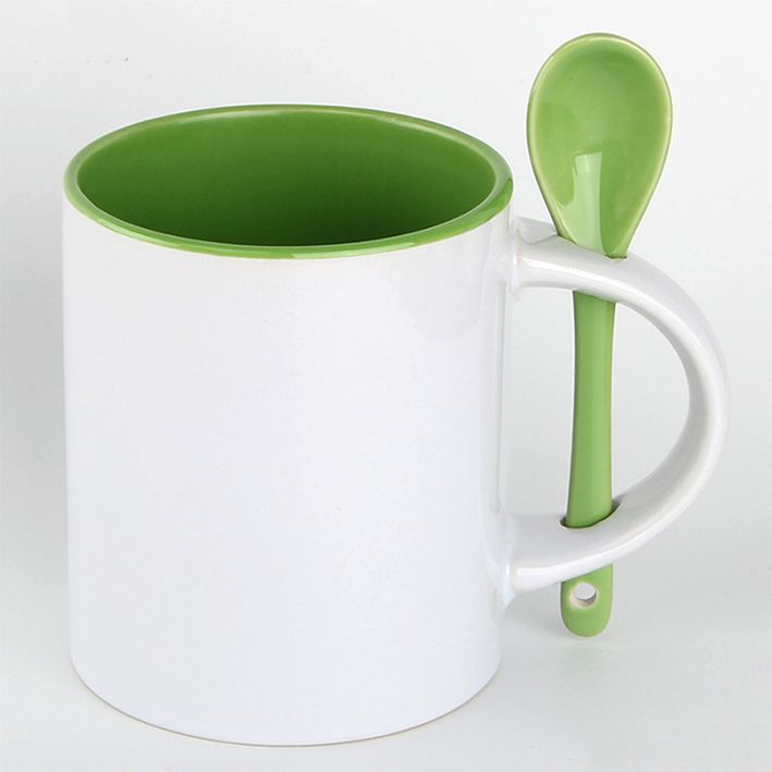 ספל להדפסת תמונה והקדשה אישית עם כפית ופנים בצבע ירקרק