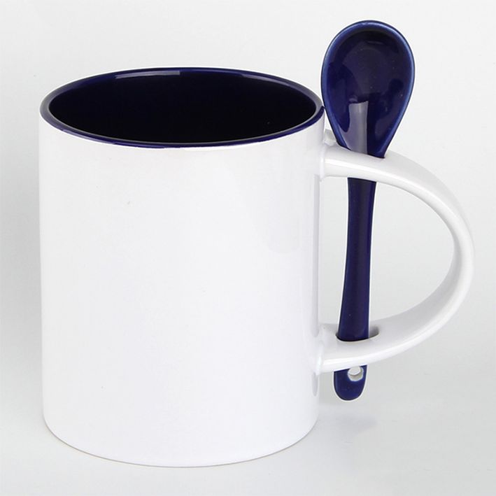 ספל להדפסת תמונה והקדשה אישית עם כפית ופנים בצבע כחול חזק