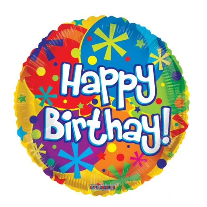 בלון מיילר בצורת עגול רקע צבעוני כיתוב happy birthday י 18 אינטש