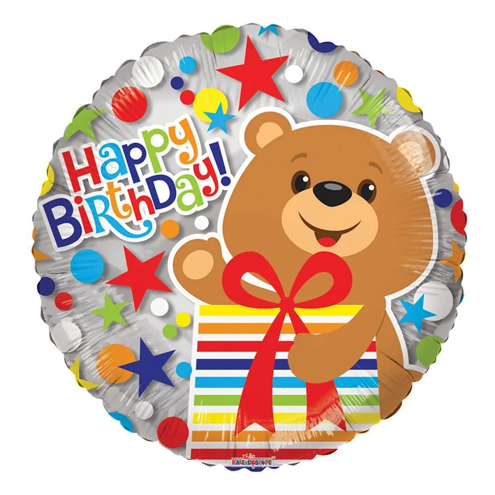 בלון מיילר בצורת עגול רקע דובי כיתוב happy birthday י 18 אינטש