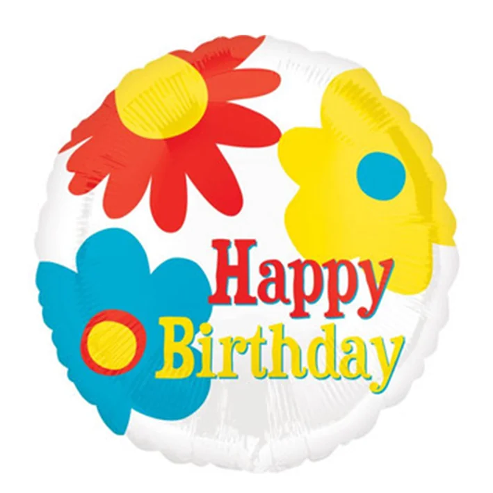 בלון מיילר בצורת עגול רקע לבן עם פרחים כיתוב happy birthday י 18 אינטש