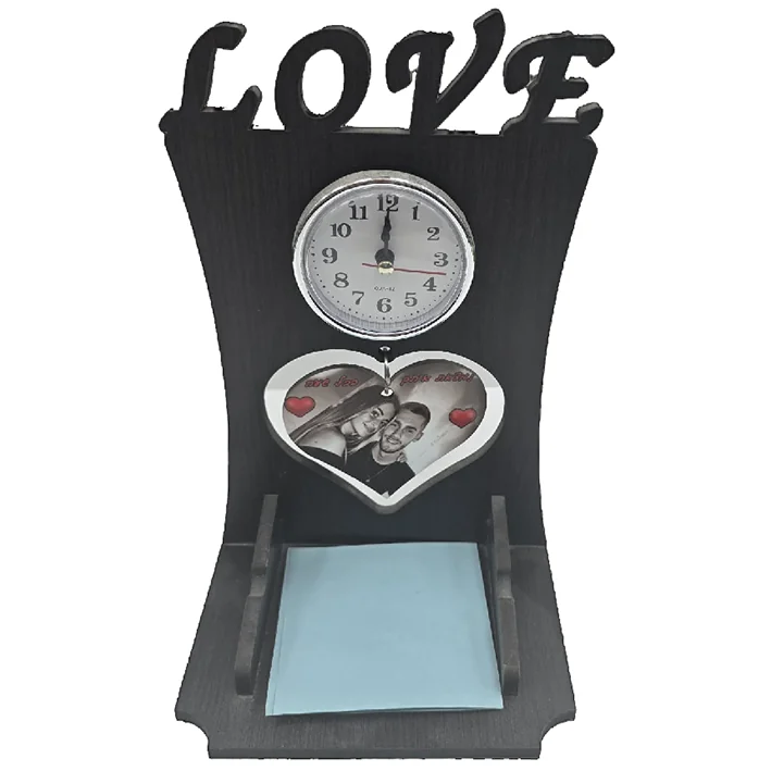 מעמד לדפי ממו עם שעון וכיתוב love להדפסת תמונה והקדשה אישית