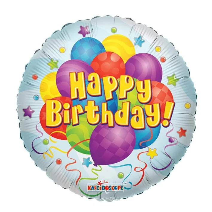 בלון מיילר בצורת עגול רקע לבן עם בלונים כיתוב happy birthday י 18 אינטש