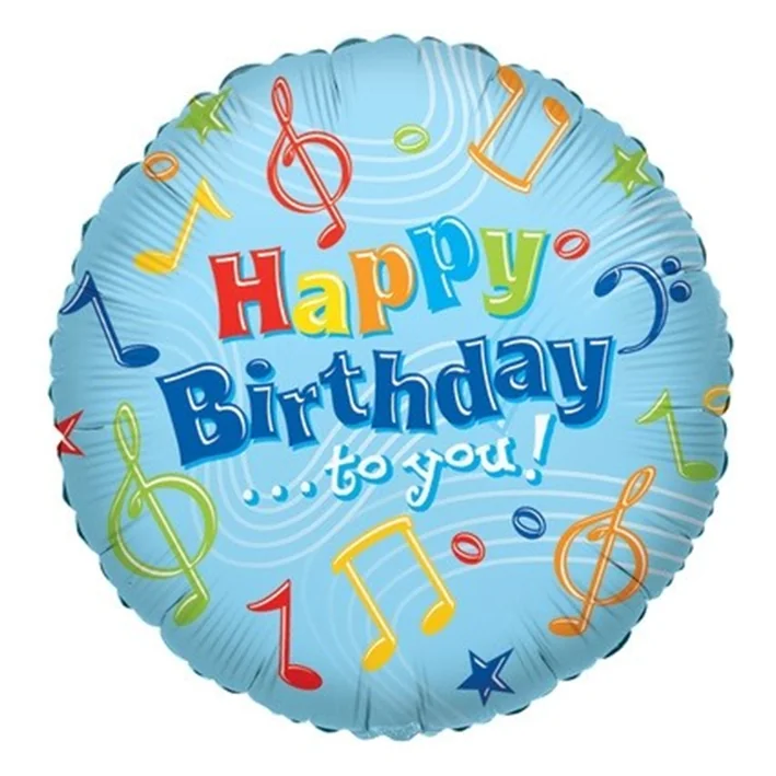 בלון מיילר בצורת עגול רקע תכלת עם תווים כיתוב happy birthday י 18 אינטש