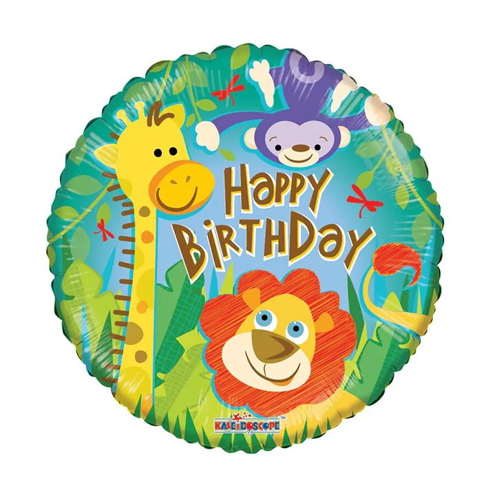 בלון מיילר בצורת עגול רקע חיות כיתוב happy birthday י 18 אינטש