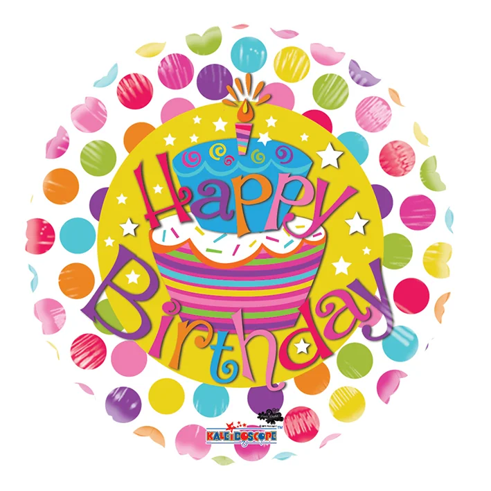 בלון מיילר בצורת עגול רקע לבן עם נקודות כיתוב happy birthday י 18 אינטש