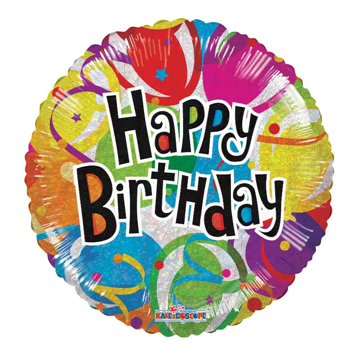 בלון מיילר בצורת עגול רקע צבעוני כיתוב happy birthday י 18 אינטש